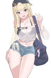 Rule 34 | 1girl, :d, backwards hat, bag, bandaid, bandaid on face, bandaid on nose, bare shoulders, baseball cap, black sports bra, blonde hair, blue eyes, blunt bangs, breasts, centi (nikke), centi (supreme holiday) (nikke), cleavage, collarbone, denim, denim shorts, duffel bag, gloves, goddess of victory: nikke, hand on own thigh, hat, highres, jewelry, large breasts, light blush, long hair, navel, necklace, official alternate costume, open mouth, see-through, see-through shirt, see-through sleeves, shirt, short shorts, shorts, simple background, smile, solo, sports bra, strap, thigh gap, thighs, white background, white shirt, xi oshir1