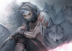 Rule 34 | 1boy, animal, animal ears, bandages, collar, dagger, tooth necklace, holding, jewelry, knife, looking at viewer, mask, mouth mask, necklace, original, silver hair, solo, tattoo, weapon, wolf, wolf ears, yellow eyes, yoshicha