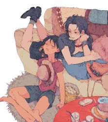 Rule 34 | 2boys, apple, barefoot, beads, belt, black hair, bowl, bread, brothers, chin cord, chips (food), couch, drinking straw, eating, food, freckles, fruit, glass, hat, ice, ice cube, jewelry, leaning, lying, male focus, monkey d. luffy, multiple boys, necklace, one piece, open clothes, open shirt, patterned legwear, pillow, portgas d. ace, potato chips, red shirt, ren (zero second), rug, sad face, scar, shirt, shorts, shueisha, siblings, sitting, sleeping, smiley face, socks, spoon, stampede string, straw hat, striped legwear, t-shirt, vertical-striped legwear, watching