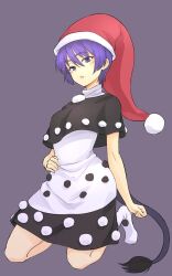 Rule 34 | 1girl, black capelet, black dress, capelet, commentary, doremy sweet, dress, full body, grey background, hat, highres, kakone, kneeling, looking at viewer, nightcap, one-hour drawing challenge, open mouth, pom pom (clothes), purple eyes, purple hair, short hair, simple background, solo, tail, tapir tail, touhou, white dress, white footwear