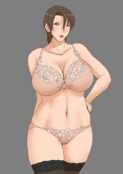 Rule 34 | 1girl, bra, breasts, brown hair, character request, cleavage, collarbone, copyright request, female focus, hand on own hip, highres, large breasts, lipstick, looking at viewer, makeup, mature female, navel, panties, red lips, short hair, simple background, solo, standing, supi (inner map), thighhighs, underwear, upper body