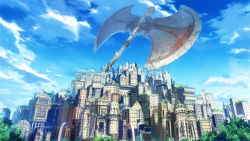 Rule 34 | axe, bad id, bad pixiv id, city, cloud, day, end breaker!, huge weapon, no humans, scenery, sky, weapon, yuanmaru