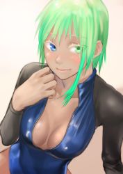 Rule 34 | 1girl, blue eyes, blue one-piece swimsuit, blush, breasts, closed mouth, colored eyelashes, dark-skinned female, dark skin, fang, fang out, front zipper swimsuit, green eyes, green hair, hand up, heterochromia, highres, kilye kairi, looking at viewer, medium breasts, meme attire, mismatched eyelashes, one-piece swimsuit, original, simple background, solo, swimsuit, tan, white background