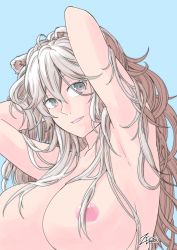 Rule 34 | 1girl, absurdres, animal ears, armpits, arms behind head, blue background, breasts, cleavage, collarbone, ear piercing, fang, grey eyes, grey hair, hair between eyes, highres, hololive, large breasts, lion ears, lion girl, long hair, looking at viewer, messy hair, nipples, nude, parted lips, piercing, shishiro botan, sidelocks, signature, simple background, smile, solo, virtual youtuber, zero (muftisaili)