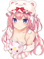 Rule 34 | 1girl, animal ears, bare shoulders, beatmania, beatmania iidx, blue eyes, closed mouth, collarbone, commentary request, cropped torso, fake animal ears, hair ribbon, hat, hugging doll, hugging object, jacket, long hair, looking at viewer, mob cap, off shoulder, one side up, pink hair, pom pom (clothes), ribbon, rimo, simple background, smile, solo, striped, stuffed animal, stuffed rabbit, stuffed toy, white background, white hat, white ribbon
