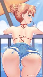 Rule 34 | 1girl, absurdres, ahnei, artist name, ass, ass focus, beach, bent over, blush, creatures (company), denim, denim shorts, eyebrows, eyelashes, female focus, game freak, green eyes, half-closed eyes, highres, huge ass, legs, looking at viewer, looking back, misty (pokemon), nintendo, open mouth, orange hair, partially visible vulva, patreon, pokemon, pokemon rgby, shorts, thick thighs, thigh gap, thighs, torn clothes, upshorts
