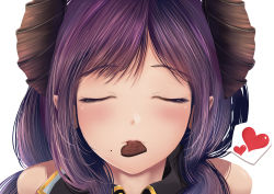 Rule 34 | 1girl, nanashi inc., bare shoulders, blush, candy, chocolate, chocolate heart, close-up, closed eyes, dc24v, demon girl, demon horns, dot nose, facing viewer, food, food in mouth, heart, honey strap, horns, incoming food, incoming kiss, light blush, long hair, mole, mole under mouth, pointy ears, pov, purple hair, saionji mary, simple background, solo, spoken heart, valentine, virtual youtuber, white background