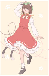 Rule 34 | 1girl, animal ear fluff, animal ears, arm up, bobby socks, bow, bowtie, brown eyes, brown hair, cat ears, cat tail, chen, closed mouth, earrings, flat chest, full body, gold trim, hand on own head, hat, jewelry, juliet sleeves, long sleeves, looking at viewer, mefomefo, mob cap, multiple tails, nekomata, nostrils, paw print, petticoat, pink background, puffy sleeves, red skirt, red vest, short hair, simple background, single earring, skirt, skirt set, smile, socks, solo, standing, standing on one leg, tail, touhou, two tails, vest, white bow, white bowtie