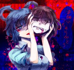 Rule 34 | 2girls, blood, blood from mouth, blood on clothes, blood on face, blue eyes, blue hair, breasts, chamaruk, clenched teeth, creepy, disembodied head, dress, hair ornament, hair rings, hair stick, hat, holding, horror (theme), kaku seiga, large breasts, miyako yoshika, multiple girls, no headwear, open mouth, severed head, short hair, smile, stitched mouth, stitches, teeth, touhou, vest