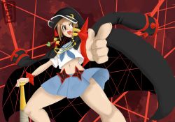 Rule 34 | 10s, 1girl, absurdres, banchou, baseball bat, blue skirt, bracelet, brown hair, delinquent, foreshortening, highres, jacket, jacket on shoulders, jewelry, kill la kill, mankanshoku mako, mouth hold, navel, planted, pointing, pointing at viewer, shogu (shoguchime), short hair, skirt, solo, spiked bracelet, spikes, spoilers, straw (stalk), weapon