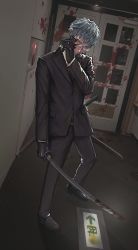 Rule 34 | 1boy, black gloves, black necktie, black pants, blood, blood on face, commentary, commentary request, expressionless, fate/grand order, fate (series), formal, full body, glasses, gloves, grey hair, highres, holding, holding sword, holding weapon, jacket, katana, long sleeves, looking at viewer, male focus, necktie, pants, pool of blood, saitou hajime (fate), shirt, short hair, solo, suit, sword, weapon, white shirt, yorunue ro