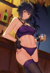 Rule 34 | 1girl, absurdres, alcohol, backlighting, bar (place), bare shoulders, bikini, black eyes, black gloves, black hair, black thighhighs, bob cut, bottle, breasts, character request, closed mouth, collar, commentary, copyright request, counter, cowboy shot, cup, drinking glass, dutch angle, eyelashes, facial mark, fingerless gloves, fingernails, glass, gloves, groin, halterneck, highleg, highleg bikini, highres, holding, holding cup, leaning on object, looking at viewer, looking to the side, medium breasts, metal collar, midriff, nail polish, navel, night, outdoors, palm tree, plant, purple bikini, purple nails, shelf, short hair, sky, solo, standing, star (sky), starry sky, stomach, swept bangs, swimsuit, taut clothes, thighhighs, tree, uni (melm), whisker markings, whiskey, wine bottle