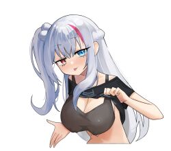 Rule 34 | 1girl, :p, bad id, bad pixiv id, black shirt, black sports bra, blue eyes, blush, breasts, cleavage, clothes lift, commentary, english commentary, girls&#039; frontline, girls&#039; frontline neural cloud, grey hair, hair bobbles, hair ornament, heterochromia, highres, kuro (neural cloud), large breasts, long hair, looking at viewer, mdr (girls&#039; frontline), multicolored hair, one side up, pink hair, red eyes, shirt, shirt lift, solo, sports bra, streaked hair, sweat, tongue, tongue out, upper body, yumin867355251