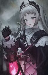 Rule 34 | 1girl, 39chiho, absurdres, arknights, black dress, black gloves, breasts, cowboy shot, cross scar, dress, earrings, gloves, grey eyes, grey hair, grey sky, hand up, head wings, highres, holding, holding lantern, irene (arknights), jewelry, lantern, long sleeves, looking at viewer, multicolored clothes, multicolored dress, ocean, outdoors, overcast, pink dress, rain, scar, scar across eye, simple bird, sky, small breasts, solo, upper body, water, waves, white dress, wings