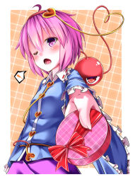 Rule 34 | !, 1girl, heart, heart of string, highres, komeiji satori, one eye closed, open mouth, pink eyes, pink hair, rerrere, solo, spoken exclamation mark, third eye, touhou