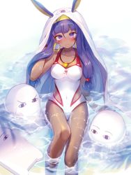 Rule 34 | 1girl, animal ears, bad id, bad twitter id, blush, competition swimsuit, covered navel, dark-skinned female, dark skin, facial mark, fate/grand order, fate (series), ibara riato, jewelry, long hair, looking at viewer, medjed (fate), necklace, nitocris (fate), nitocris (fate/grand order), nitocris (swimsuit assassin) (fate), nitocris (swimsuit assassin) (second ascension) (fate), one-piece swimsuit, partially submerged, purple eyes, purple hair, solo, swimsuit, very long hair