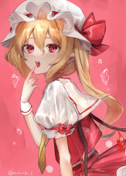 Rule 34 | 1girl, air bubble, arm garter, artist name, blonde hair, blush, bow, bubble, commentary, crystal, fangs, flandre scarlet, hair between eyes, hand on own face, hand to own mouth, hand up, hat, hat bow, highres, leaning forward, long hair, looking at viewer, looking to the side, mob cap, nakonbu, necktie, one side up, open mouth, pink background, puffy short sleeves, puffy sleeves, red background, red bow, red eyes, red skirt, red vest, sailor collar, sharp teeth, shirt, short hair, short sleeves, sidelocks, simple background, skirt, solo, teeth, tongue, tongue out, touhou, twitter username, upper body, vest, white hat, white shirt, wings, wrist cuffs, yellow necktie