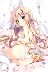 Rule 34 | 1girl, :3, ahoge, animal ears, arm support, ass, back cutout, bed sheet, blonde hair, blue flower, blush, clenched hand, clothing cutout, commentary request, curtains, dress, flower, frilled dress, frills, green eyes, hair flower, hair ornament, hair ribbon, hamster ears, hamster tail, lace, lace-trimmed panties, lace trim, long hair, looking at viewer, looking back, one side up, original, pan (mimi), panties, polka dot, reclining, red flower, ribbon, short dress, skindentation, solo, tail, tail through clothes, thighhighs, underwear, white background, white flower, white panties, white ribbon, wristband