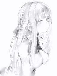 Rule 34 | 1girl, bad id, bad pixiv id, bare shoulders, braid, breasts, closed mouth, covered erect nipples, french braid, from side, greyscale, highres, long hair, looking at viewer, looking to the side, marshmallow-chan (nanashi), medium breasts, monochrome, nanashi (nlo), original, pale skin, simple background, solo, upper body, white background