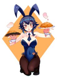 Rule 34 | 1girl, animal ears, black hair, black leotard, black necktie, black pantyhose, blush, braid, breasts, brown eyes, character name, cleavage, commentary request, covered navel, detached collar, fake animal ears, food, full body, girls und panzer, holding, holding food, kusanagi tonbo, large breasts, leotard, looking at viewer, necktie, on one knee, open mouth, pantyhose, pasta, pepperoni (girls und panzer), plate, playboy bunny, rabbit ears, short hair, side-tie leotard, side braid, solo, steam, strapless, strapless leotard, translated, wrist cuffs