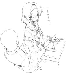 Rule 34 | 1boy, 1girl, bald, blue archive, cardigan, cutting board, greyscale, hair between eyes, hairband, holding, holding knife, knife, long hair, long sleeves, looking at viewer, monochrome, neckerchief, off shoulder, rkgk ojisan, shirt, skirt, translation request, ui (blue archive)