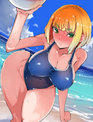 Rule 34 | 1girl, absurdres, arms (game), ball, beach, beachball, blonde hair, blue one-piece swimsuit, blush, bob cut, breasts, dripping, green eyes, highres, holding, holding ball, holding beachball, large breasts, min min (arms), ocean, one-piece swimsuit, short hair, swimsuit, takayama toshinori, thick thighs, thighs, wet