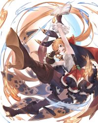 Rule 34 | 1girl, armpits, book, boots, bracelet, brown gloves, brown thighhighs, cape, clarisse (granblue fantasy), fire, frilled skirt, frills, gloves, granblue fantasy, green eyes, hair ribbon, high heel boots, high heels, highres, holding, holding book, jewelry, keita (kta0), magic, one eye closed, open mouth, orange hair, ribbon, skirt, sleeveless, smile, solo, thighhighs, v, vial, white background