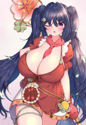 Rule 34 | 1girl, absurdres, blue hair, blush, breasts, cleavage, dress, highres, hikotou (sao73cat), huge breasts, long hair, one eye closed, open mouth, purple eyes, red dress, twintails, very long hair