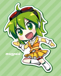 Rule 34 | 1girl, :d, ahoge, caffein, character name, chibi, goggles, goggles on head, green eyes, green hair, gumi, headphones, headphones around neck, matching hair/eyes, navel, open mouth, short hair, skirt, smile, solo, vocaloid, wrist cuffs