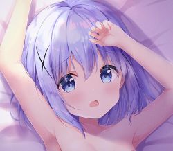 Rule 34 | 1girl, amedamacon, armpits, arms up, bed sheet, blue eyes, blue hair, blush, clockwork rabbit, collarbone, commentary request, gochuumon wa usagi desu ka?, hair between eyes, hair ornament, kafuu chino, looking at viewer, lying, on back, open mouth, out-of-frame censoring, solo, x hair ornament