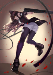 Rule 34 | 1girl, ankle boots, armlet, ass, bent over, bike shorts, black hair, black pantyhose, blake belladonna, bojue yu yaojing 695657, boots, bow, breasts, brown background, brown footwear, dual wielding, full body, gloves, gradient background, hair bow, holding, long hair, looking back, pantyhose, rwby, shoe soles, shorts, simple background, smile, solo, vest, walking, wavy hair, weapon, whip, yellow eyes