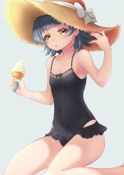 Rule 34 | 1girl, absurdres, arare (kancolle), black hair, black one-piece swimsuit, blunt bangs, brown eyes, casual one-piece swimsuit, collarbone, commentary request, flat chest, food, grey background, hat, highres, ice cream, kantai collection, looking at viewer, makura (y makura), one-piece swimsuit, short hair, simple background, sitting, soft serve, solo, straw hat, sun hat, swimsuit, swimsuit skirt, wariza