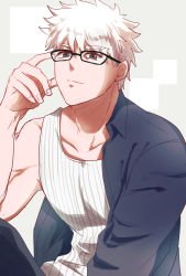Rule 34 | 1boy, aida shino, alternate costume, archer (fate), archer (summer casual) (fate), brown eyes, dark-skinned male, dark skin, fate/grand order, fate/stay night, fate (series), glasses, looking at viewer, male focus, muscular, pants, pectorals, short hair, solo, tank top, upper body, white hair