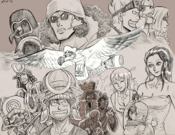 Rule 34 | 10s, 2013, 2girls, 6+boys, afro, angry, antlers, armor, bag, basil hawkins, bird, breasts, breath, brook (one piece), camel (one piece), cleavage, clenched teeth, closed eyes, clothes writing, collarbone, crown, donquixote doflamingo, earrings, eustass kid, eyewear on head, facial hair, father and son, fur trim, garththedestroyer, glasses, goggles, goggles on head, grin, hair over one eye, hair slicked back, headphones, heart, helmet, horns, japanese armor, jewelry, katana, kinemon, kouzuki momonosuke, kuzan (aokiji), long hair, long sleeves, looking down, monkey d. luffy, monochrome, multiple boys, multiple girls, multiple monochrome, mustache, naked towel, nami (one piece), necktie, news coo, newspaper, nico robin, one piece, penguin, punk hazard, sanji (one piece), scar, scratchmen apoo, seagull, shirt, short hair, signature, skeleton, smile, steam, strapless, sunglasses, sword, tattoo, teeth, tony tony chopper, topknot, towel, usopp, water, weapon