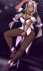 Rule 34 | 10s, 1girl, ankle cuffs, black pantyhose, breasts, brown pantyhose, cleavage, cleavage cutout, clothing cutout, dark-skinned female, dark skin, hacka doll, hacka doll 0, hair over one eye, high heels, highres, large breasts, long hair, looking at viewer, pantyhose, parted lips, pole, pole dancing, pondeomaru, red eyes, silver hair, solo, stripper pole