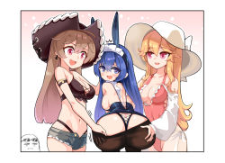 Rule 34 | 3girls, alternate costume, anchor earrings, animal ears, ass, ass grab, assisted exposure, azur lane, bikini, black pantyhose, blonde hair, blue eyes, blue hair, blush, breasts, cleavage, commentary, cross-laced bikini, cross-laced clothes, earrings, english commentary, enmaided, eyewear on head, frilled one-piece swimsuit, frilled swimsuit, frills, hat, hm (hmongt), jean bart (azur lane), jean bart (private apres midi) (azur lane), jewelry, large breasts, long hair, maid, manjuu (azur lane), micro shorts, multiple girls, new jersey (azur lane), official alternate costume, one-piece swimsuit, open mouth, pantyhose, photo-referenced, pink one-piece swimsuit, pirate hat, presenting another, rabbit ears, red eyes, richelieu (azur lane), richelieu (fleuron of the waves) (azur lane), shorts, smile, sun hat, sunglasses, sweatdrop, swimsuit