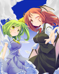 Rule 34 | 2girls, arm garter, ascot, bad hands, bat wings, bow, breasts, cloud, colored eyelashes, daiyousei, demon wings, dress shirt, artistic error, eyelashes, fairy, fairy wings, female focus, foreshortening, frills, from below, gradient eyes, green eyes, green hair, hair bow, hair ribbon, head wings, highres, impossible clothes, koakuma, large breasts, long skirt, long sleeves, low wings, md5 mismatch, multicolored eyes, multiple girls, necktie, one eye closed, open mouth, outstretched arm, red eyes, red hair, red necktie, ribbon, santa (kaisou hikuutei), santa syokatu, shirt, short hair, short sleeves, side ponytail, skirt, skirt set, sky, smile, touhou, white shirt, wings, wink