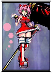 Rule 34 | 1girl, amy rose, animal ears, black thighhighs, blush, boots, breasts, dress, fake animal ears, flying sweatdrops, full body, gloves, green eyes, hairband, heart, huge weapon, humanization, impossible clothes, impossible dress, knee boots, large breasts, mallet, nezutora, panties, pantyshot, personification, pink hair, red dress, short hair, sleeveless, sleeveless dress, solo, sonic (series), standing, tattoo, thigh boots, thighhighs, underwear, weapon, white gloves