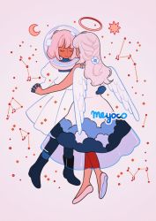 Rule 34 | 2girls, angel wings, artist name, beamed eighth notes, black footwear, boots, braid, closed eyes, commentary, constellation, crescent moon, dancing, dress, eighth note, english commentary, flower, french braid, full body, hair flower, hair ornament, half updo, halo, helmet, holding hands, juliet sleeves, long hair, long sleeves, medium hair, meyoco, moon, multiple girls, musical note, original, pink footwear, pink hair, print dress, puffy sleeves, shoes, sleeveless, sleeveless dress, space helmet, white dress, white flower, wings