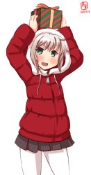 Rule 34 | 1girl, alternate costume, arms up, artist logo, blonde hair, blush, box, dated, gift, gift box, green eyes, green skirt, hair between eyes, highres, hood, hooded jacket, jacket, kanon (kurogane knights), kantai collection, long sleeves, looking at viewer, messy hair, open mouth, pantyhose, pleated skirt, remodel (kantai collection), school uniform, shimushu (kancolle), short hair, signature, simple background, skirt, smile, solo, white background, white pantyhose, zipper