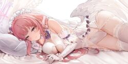 1girl angel_wings armpit_crease bed blue_archive blue_halo blue_ribbon blush breasts bridal_garter bridal_veil cameltoe cleavage dress garter_belt garter_straps gloves hair_bun halo highres hime_cut jewelry large_breasts long_hair looking_at_viewer low_wings mika_(blue_archive) multicolored_halo pillow pink_hair pink_halo ribbon ring see-through_clothes see-through_skirt single_side_bun skindentation skirt solo veil very_long_hair wedding_dress white_dress white_gloves wide_hips wings yaomiaomiao yellow_eyes