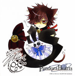 Rule 34 | 00s, 1boy, 2008, animal ears, bags under eyes, blush, bow, brown hair, rabbit, cat, cat ears, cheshire cat (pandora hearts), hair over one eye, highres, male focus, mochizuki jun, official art, pandora hearts, red eyes, solo, toy