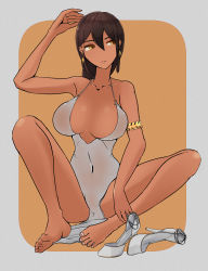 Rule 34 | 1girl, armlet, azur lane, backless dress, backless outfit, barefoot, border, breasts, brown eyes, brown hair, cocktail dress, covered navel, dark-skinned female, dark skin, dress, earrings, evening gown, feather earrings, feathers, feet, unworn footwear, grey border, high heels, highres, jewelry, large breasts, mou asa suka, nail polish, native american, orange background, shoes, unworn shoes, solo, south dakota (azur lane), south dakota (solo concert) (azur lane), white footwear, white nails