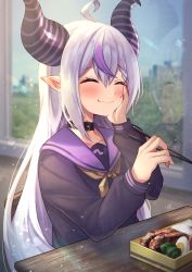 Rule 34 | 1girl, absurdres, amane sora, bento, black choker, black shirt, blush, choker, chopsticks, closed eyes, closed mouth, commentary request, food, food on face, hair between eyes, hand on own cheek, hand on own face, highres, holding, holding chopsticks, hololive, holox, horns, indoors, la+ darknesss, light particles, long hair, long sleeves, multicolored hair, neckerchief, pointy ears, purple hair, purple sailor collar, sailor collar, school uniform, serafuku, shirt, silver hair, smile, solo, streaked hair, striped horns, table, upper body, virtual youtuber, wooden table, yellow neckerchief
