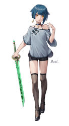Rule 34 | 1boy, artist name, bike shorts, black choker, black footwear, black shorts, blue hair, blue nails, blush, brown thighhighs, choker, collarbone, earrings, full body, genshin impact, hair flaps, high heels, highres, holding, holding sword, holding weapon, jewelry, looking at viewer, male focus, mary janes, mool yueguang, nail polish, off-shoulder shirt, off shoulder, open mouth, shirt, shoes, short hair, short sleeves, shorts, sidelocks, simple background, solo, sword, tassel, tassel choker, tassel earrings, thighhighs, trap, weapon, white background, wide sleeves, xingqiu (genshin impact), yellow eyes