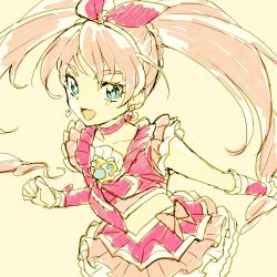 Rule 34 | 10s, 1girl, blue eyes, braid, choker, cure melody, earrings, eyelashes, frilled shirt, frilled skirt, frills, hair ornament, hair ribbon, hairband, happy, houjou hibiki, jewelry, kurochiroko, long hair, looking at viewer, magical girl, midriff, open mouth, pink hair, pink shirt, pink skirt, precure, ribbon, shirt, simple background, single braid, sketch, skirt, smile, solo, suite precure, twintails, wrist cuffs, yellow background