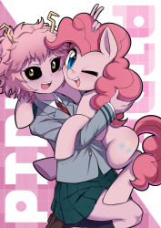 Rule 34 | 10s, 2girls, absurdres, animal ears, ashido mina, black sclera, blue eyes, boku no hero academia, caibao return, cheek-to-cheek, collared shirt, colored sclera, colored skin, crossover, hand on another&#039;s head, heads together, highres, horns, multiple girls, my little pony, my little pony: friendship is magic, one eye closed, open mouth, pink hair, pink skin, pinkie pie, pleated skirt, pony (animal), school uniform, shirt, short hair, sitting, skirt, smile, socks, tail, tattoo, teeth, trait connection, upper teeth only, v, yellow eyes
