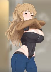 Rule 34 | 1girl, blurry, blurry background, breasts, brown eyes, brown hair, cleavage, clothes lift, covered navel, cowboy shot, crossed arms, denim, gloves, hair ornament, hairclip, highres, hip vent, large breasts, leotard, linea alba, long hair, looking down, open fly, open mouth, pants, senki zesshou symphogear, shiny clothes, shiny skin, skindentation, solo, sweater, sweater lift, tachibana hibiki (symphogear) (another), ume milk