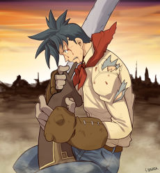 Rule 34 | 1boy, angry, ashley winchester, bayonet, black hair, blood, blue eyes, blue pants, gloves, male focus, nakata shunpei, pants, profile, scarf, shirt, signature, solo, spiked hair, torn clothes, weapon, wild arms, wild arms 2
