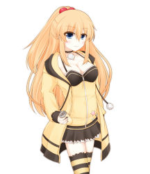 Rule 34 | 1girl, aged up, amo chenbe, bad id, bad pixiv id, blonde hair, blue eyes, blush, breasts, can, cleavage, commentary request, expressionless, hair between eyes, hair bobbles, hair ornament, hand in pocket, highres, holding, holding can, jacket, long hair, looking at viewer, medium breasts, neptune (series), open clothes, open jacket, pish, ponytail, simple background, solo, striped clothes, striped thighhighs, thighhighs, very long hair, white background